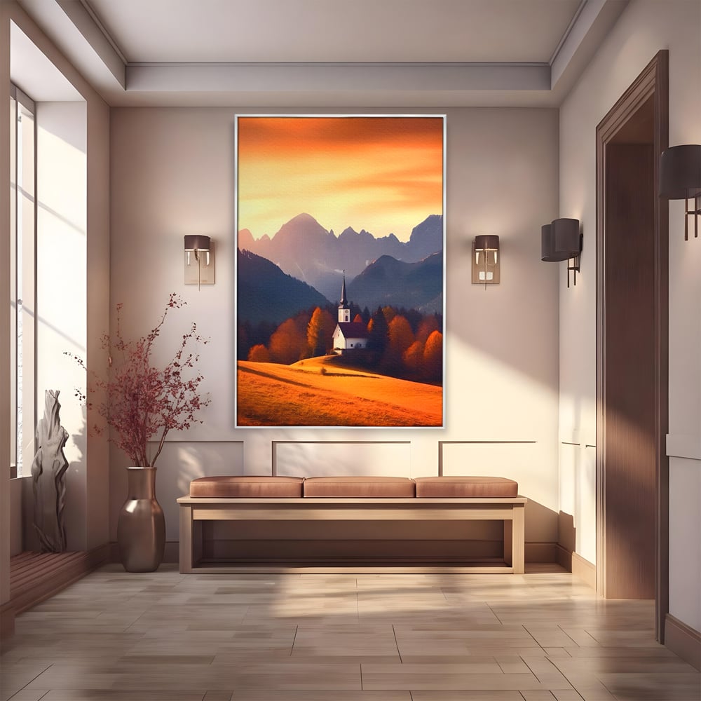 Tablou canvas cu tablou canvas cu biserica la apus, in rama de aluminiu argintiu